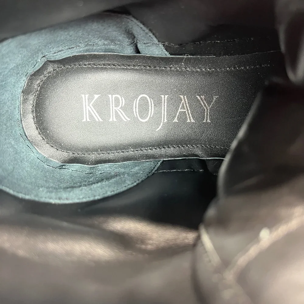 Krojay Onyx Crochet Combat Boots, Black Leather Red Pink High Top Size 10
